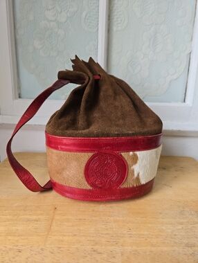 Vintage Mexican Leather Haircalf Drawstring Bucket Bag Red Brown